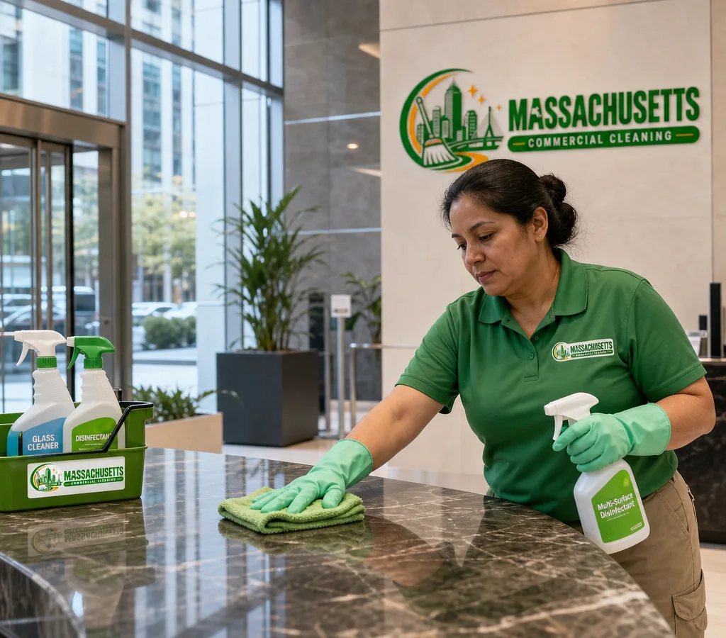 Professional cleaner wiping and disinfecting a high-touch lobby counter in a modern Boston office building