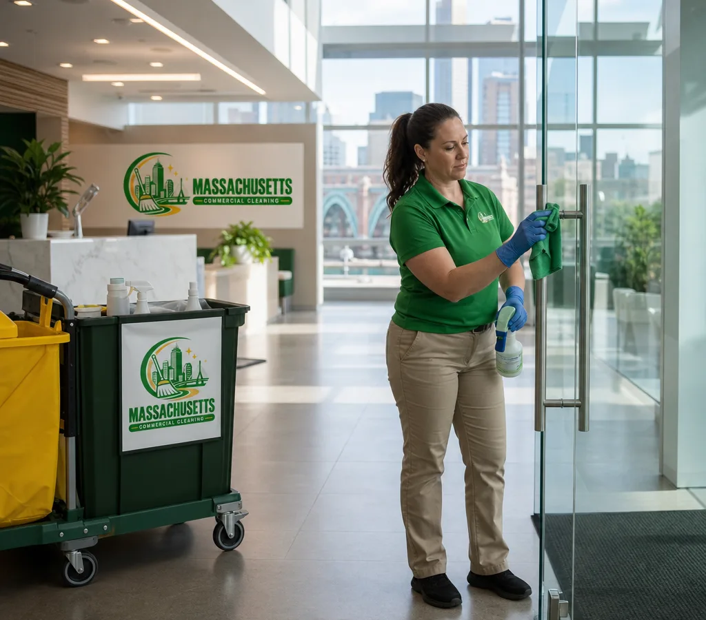 Commercial cleaning team member deep cleaning high-touch surfaces in a modern Boston office