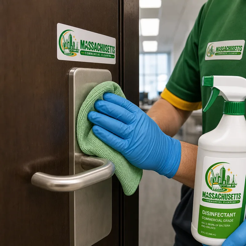 Gloved hand disinfecting an office door handle and push plate with a microfiber cloth