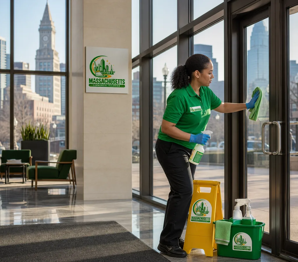 Early-morning office cleaner sanitizing lobby touchpoints and glass entry doors in a modern Boston commercial building