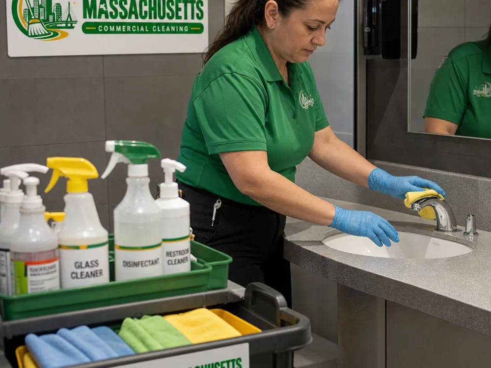 Cleaner restocking supplies and disinfecting sink fixtures in a professional office restroom