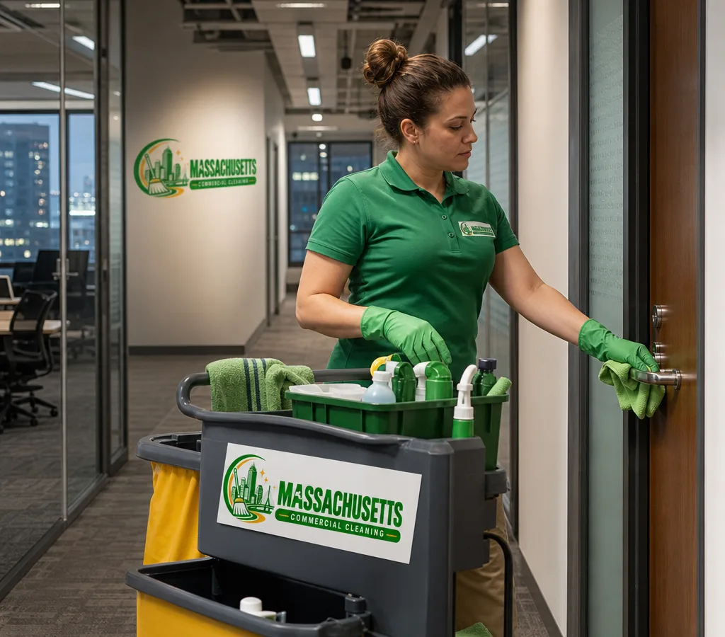 Commercial cleaner restocking a janitorial cart and wiping high-touch door hardware in a modern office corridor