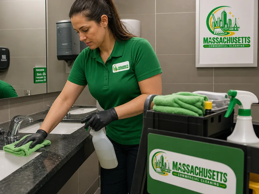 Cleaner performing detailed restroom sanitation while checking dispenser levels and staging supplies in a commercial restroom